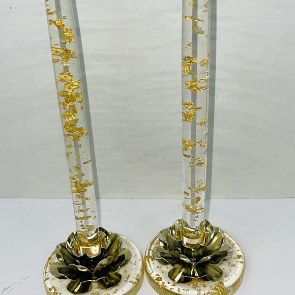 Lot 2 Lucite 12" Candles AND Candleholders gold flakes Enchanto Co of California - Picture 4 of 12